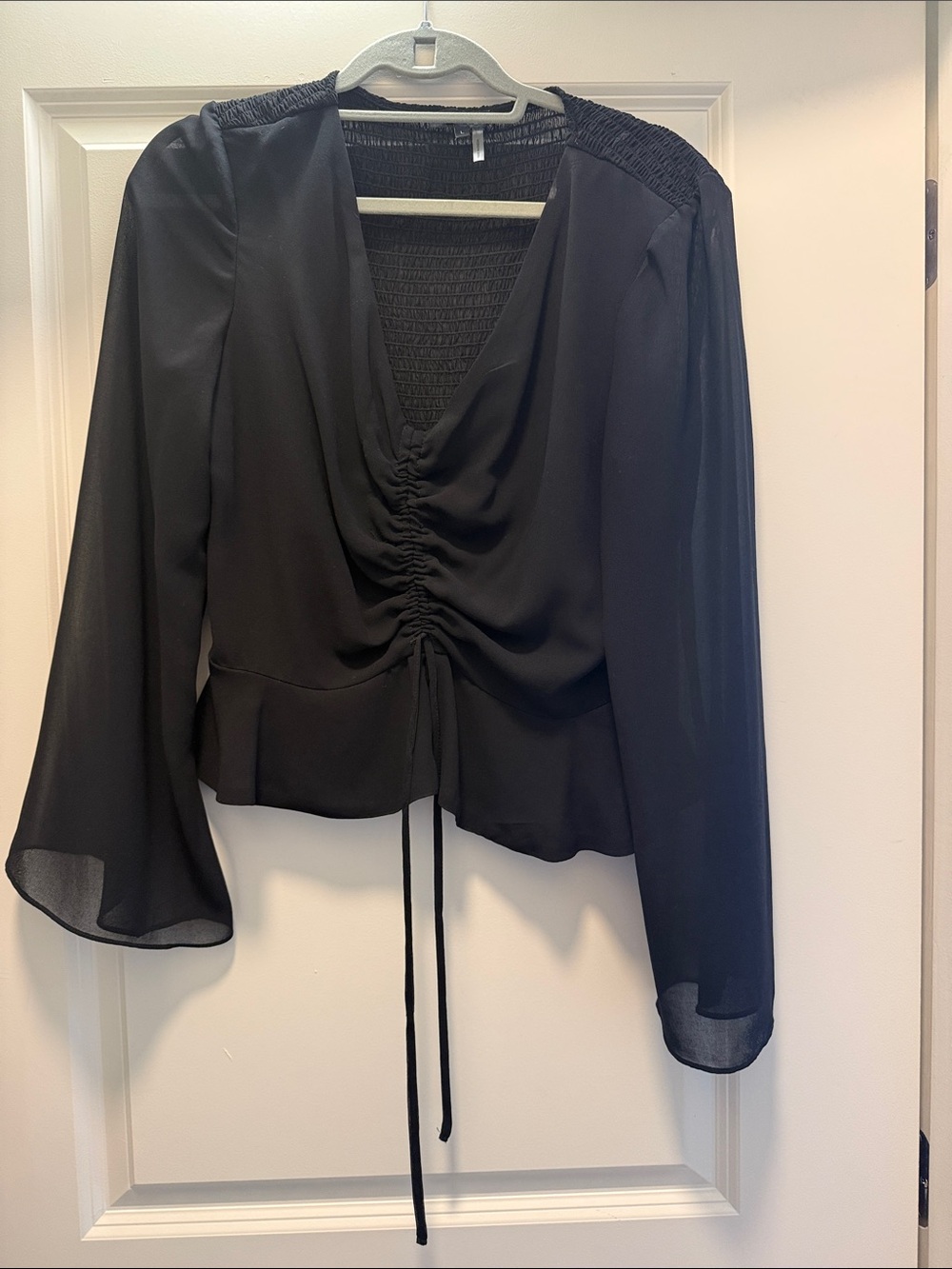 1. State Black Ruched Drawstring V-Neck Blouse